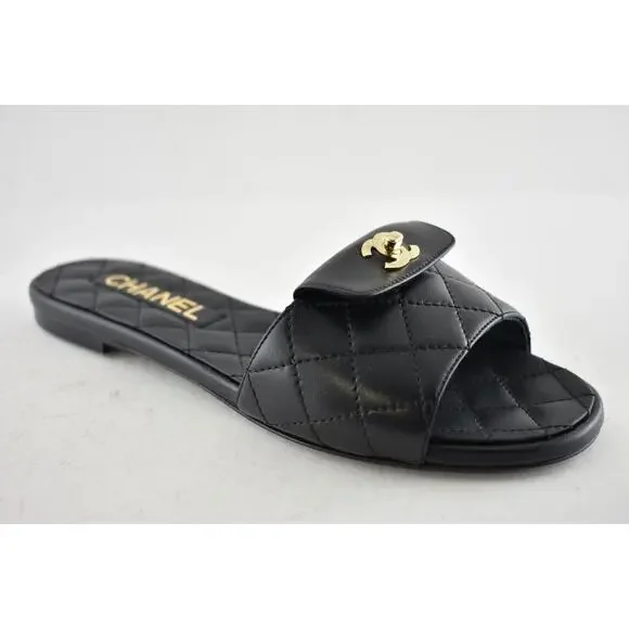 Chanel REV Black Turnlock Quilted Gold CC Logo Mules Slide Sandal Flop Flat 37 - Picture 4 of 12